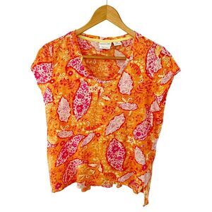 Rachel Zoe Orange Floral 100% Linen Cap Sleeve Round Neck T-Shirt